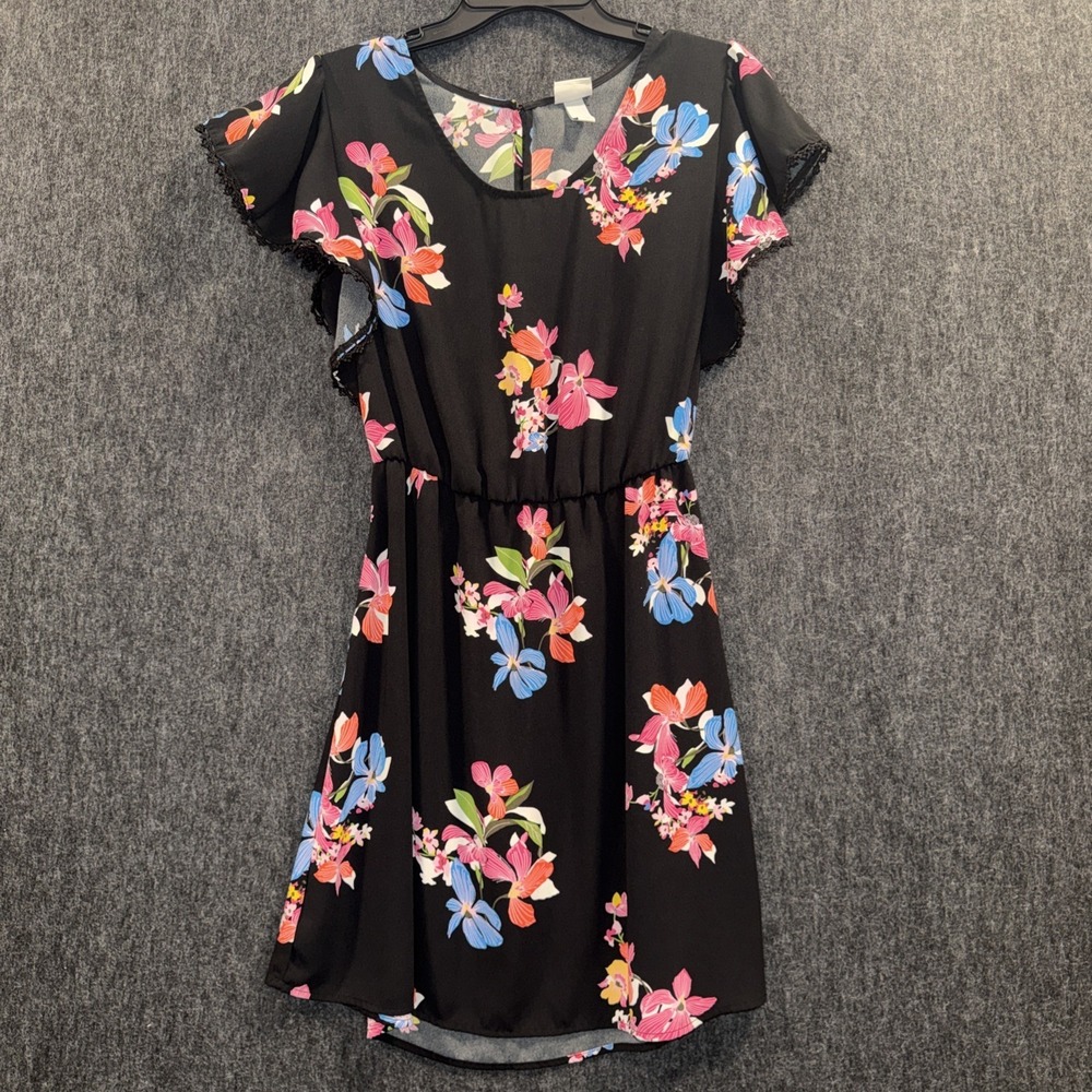 A New Day Black Floral Dress Small Flutter Sleeve Lace Trim Spring Garden Party